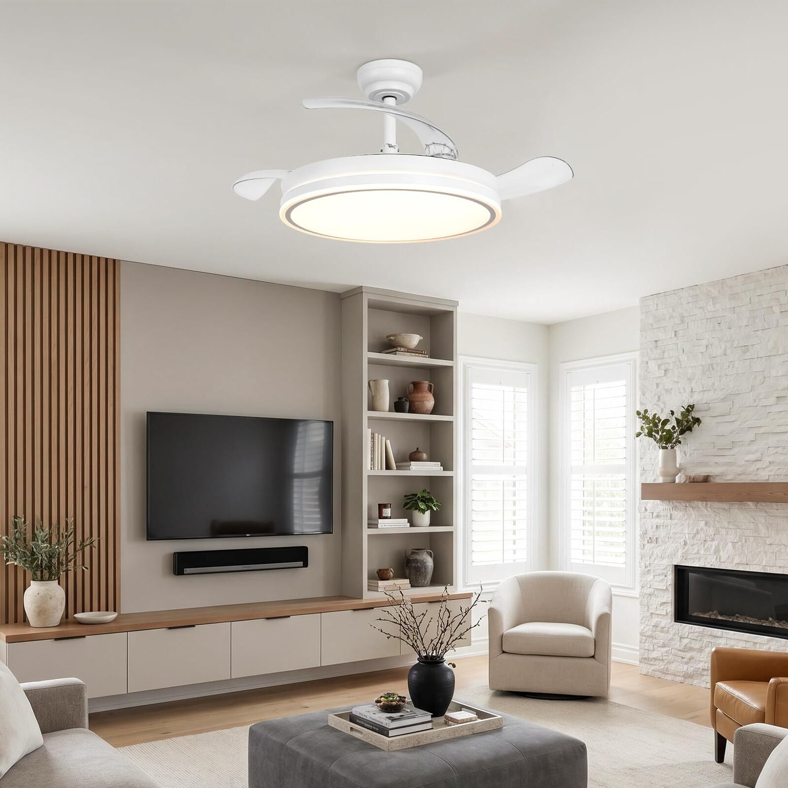 Ventilador de techo Serena motor DC ultrasilencioso de Ø100 cm con 3 aspas retráctiles y luz LED