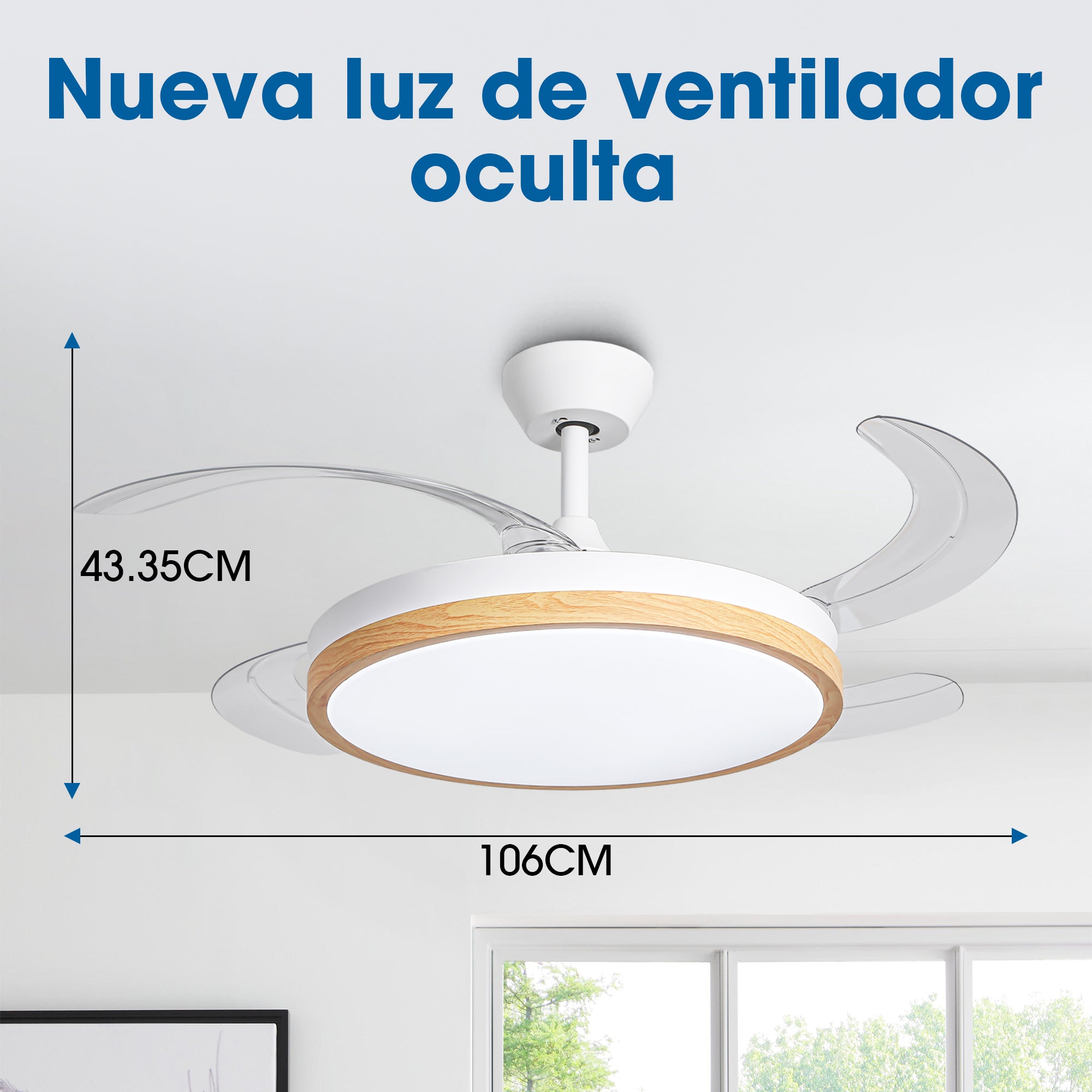 Ventilador de techo de 30W silencioso Ø106 cm con aspas retráctiles y luz LED