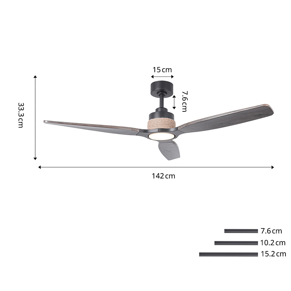 Ventilador de techo Louise negro mate Ø142 cm con luz LED y aspas de madera maciza 100%