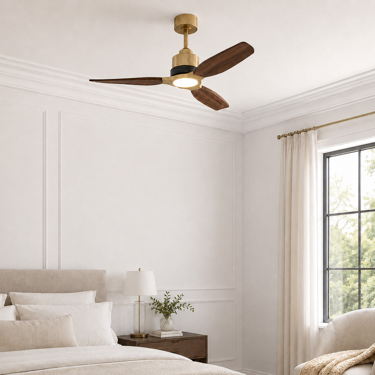 Louise Soft Brass Ceiling Fan Ø142 cm with LED Light and 100% Solid Wood Blades
