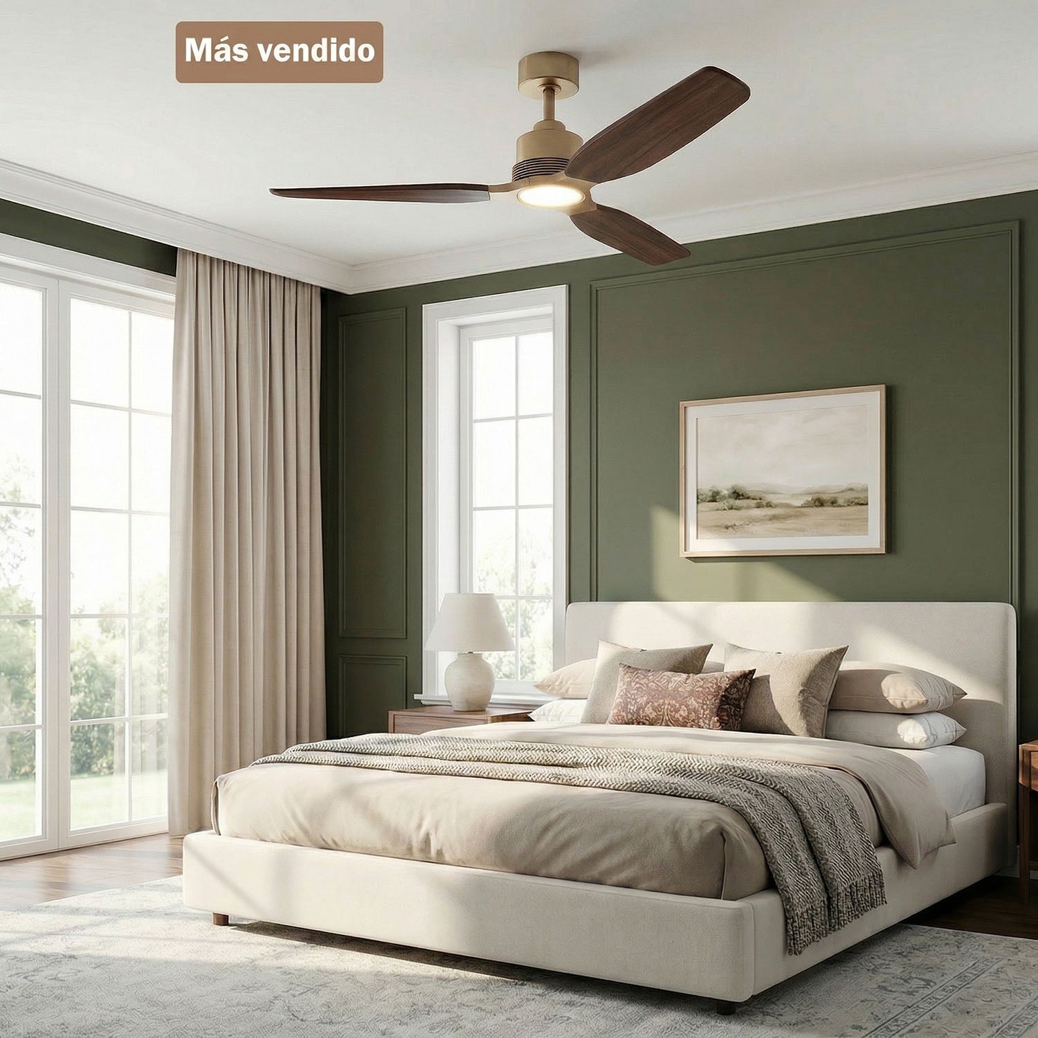 Ventilador de techo Louise de latón suave Ø142 cm con luz LED y aspas de madera maciza 100%