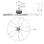 Esquema técnico con medidas de un ventilador de techo blanco.