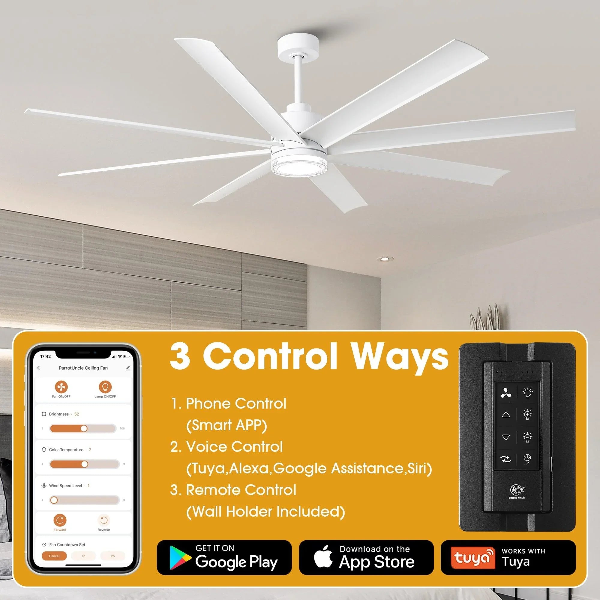 Ventilador de techo inteligente moderno Daugava de Ø183 cm con montaje en varilla y luz LED