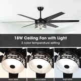 Ventilador de techo moderno reversible de Ø178 cm con luz y mando a distancia