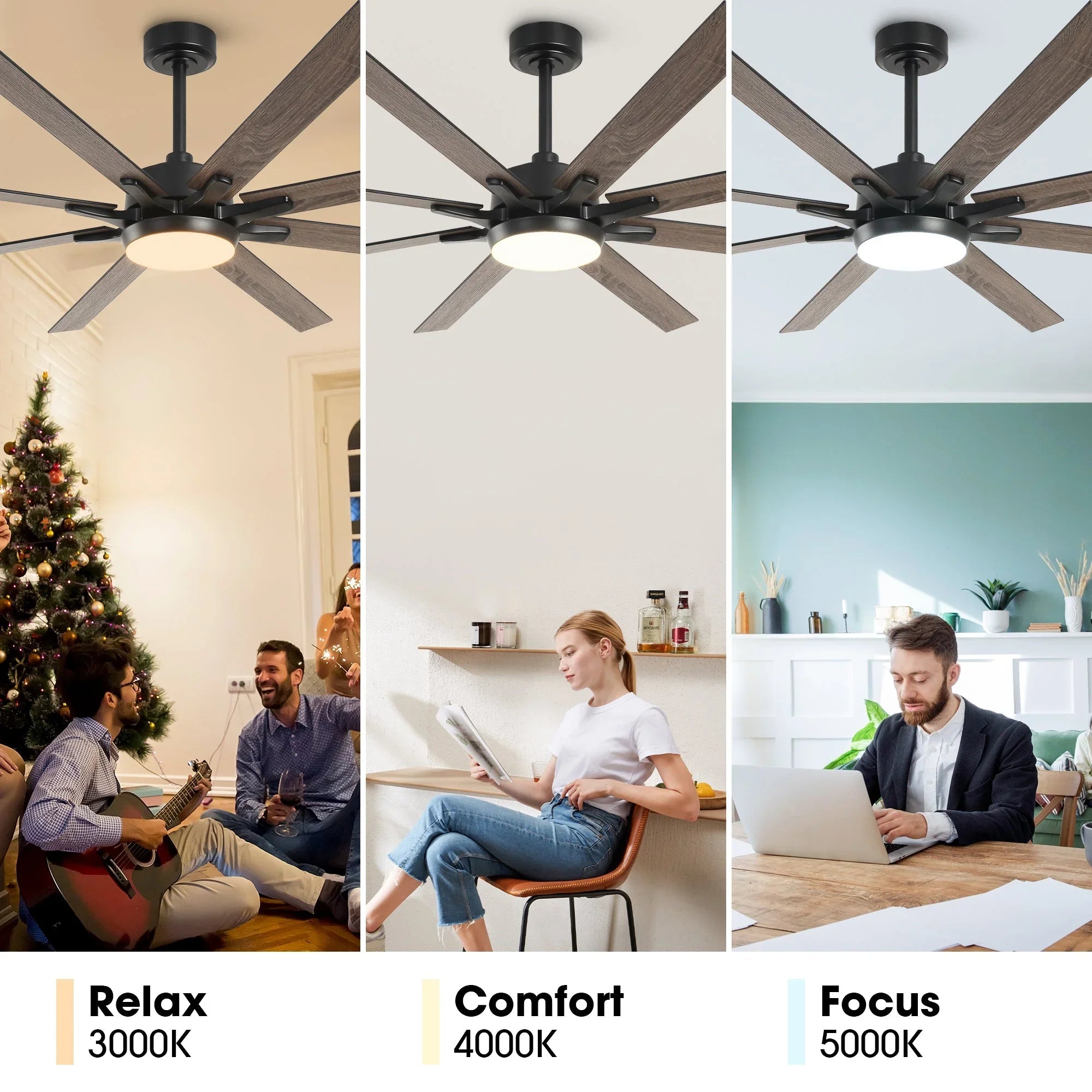 Ventilador de techo moderno Teresa de 165 cm con aspas de doble cara con mando a distancia y luz LED
