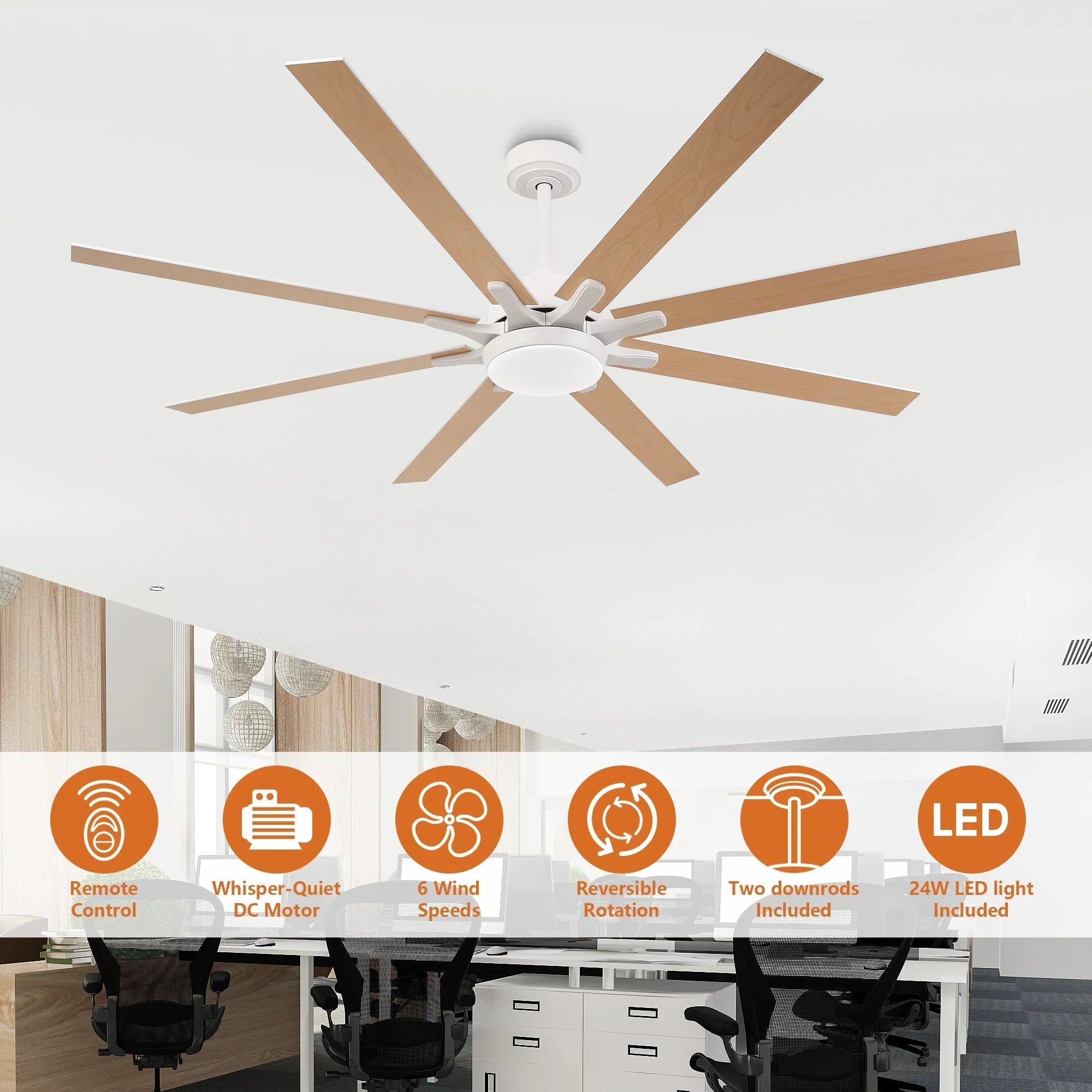 Ventilador de techo moderno Teresa de 165 cm con aspas de doble cara con mando a distancia y luz LED