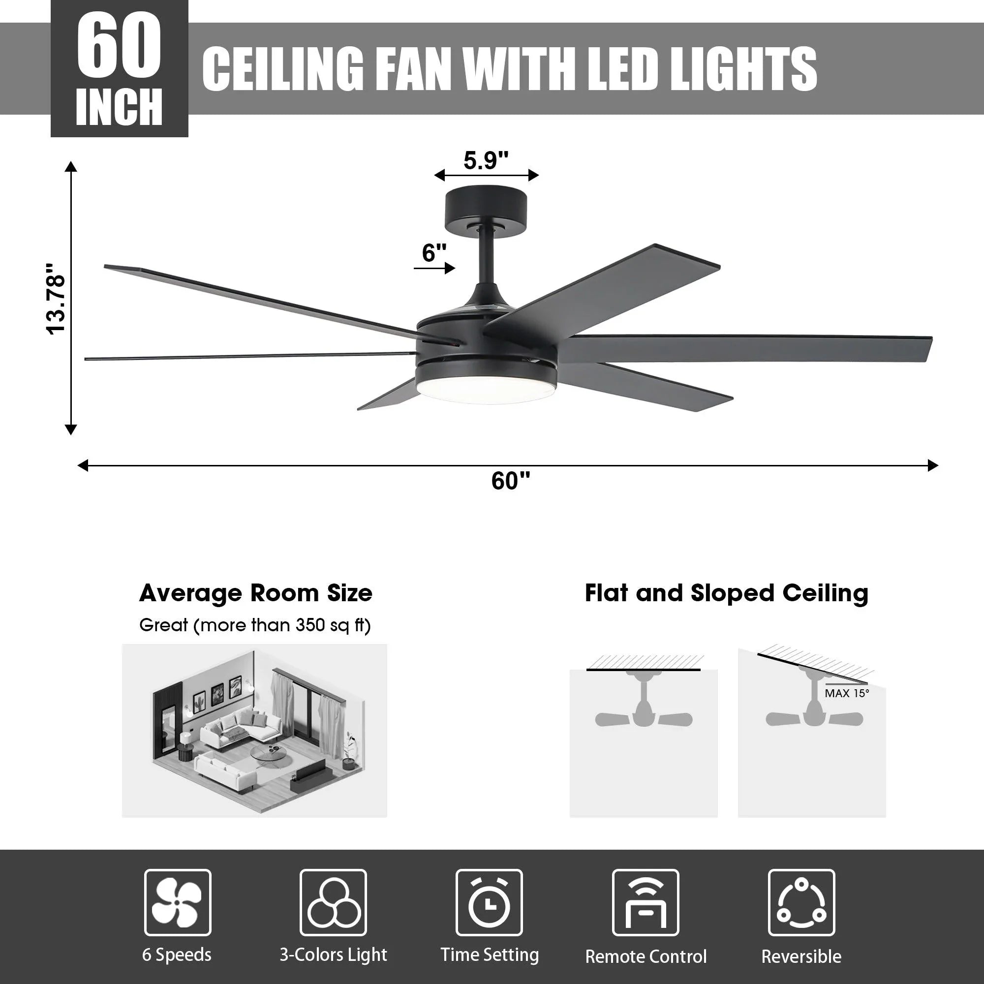 Ventilador de techo moderno Volga Ø152cm Motor DC con mando a distancia