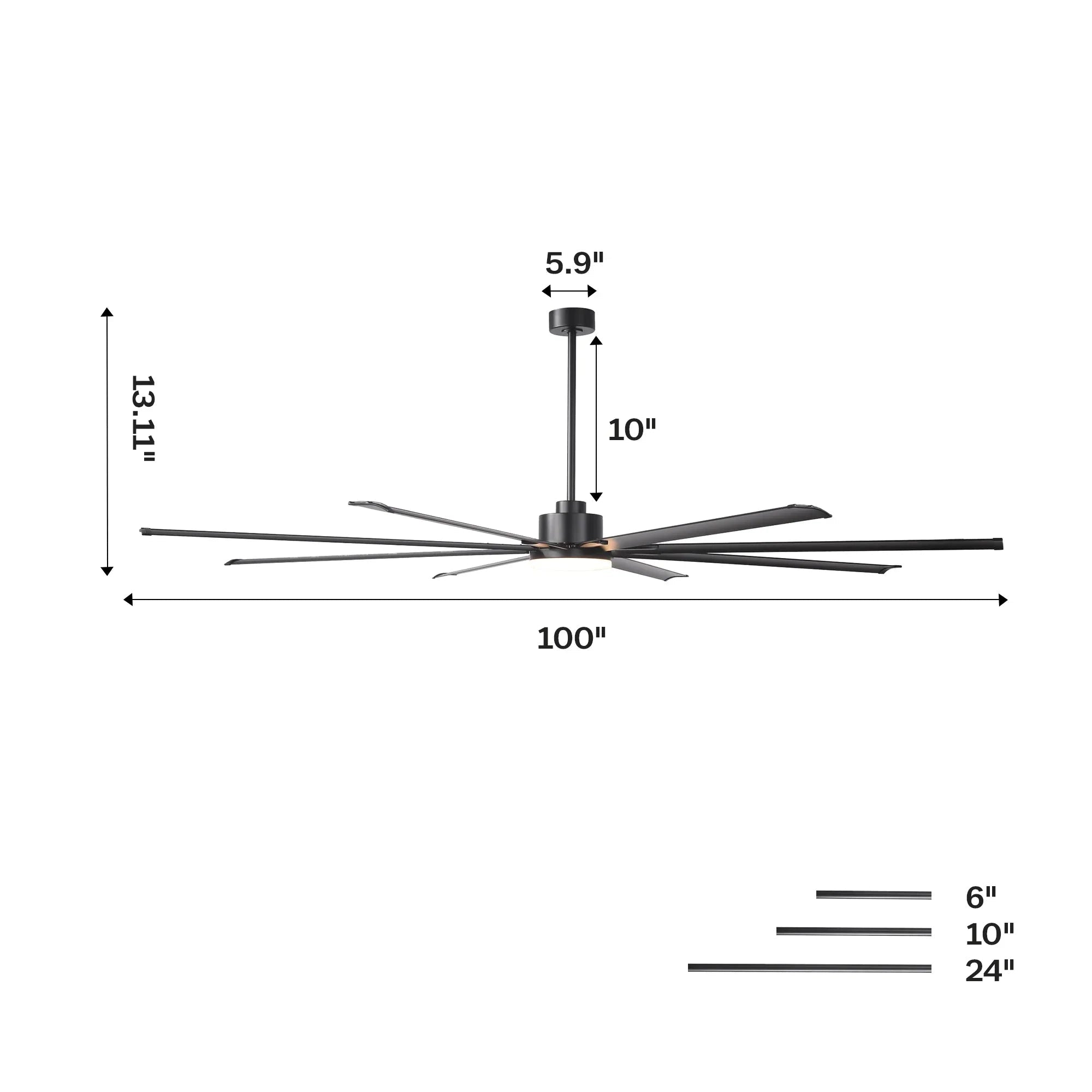 Ventilador HVLS negro de Ø213 cm / Ø254 cm, ventilador de techo grande con luz y mando a distancia