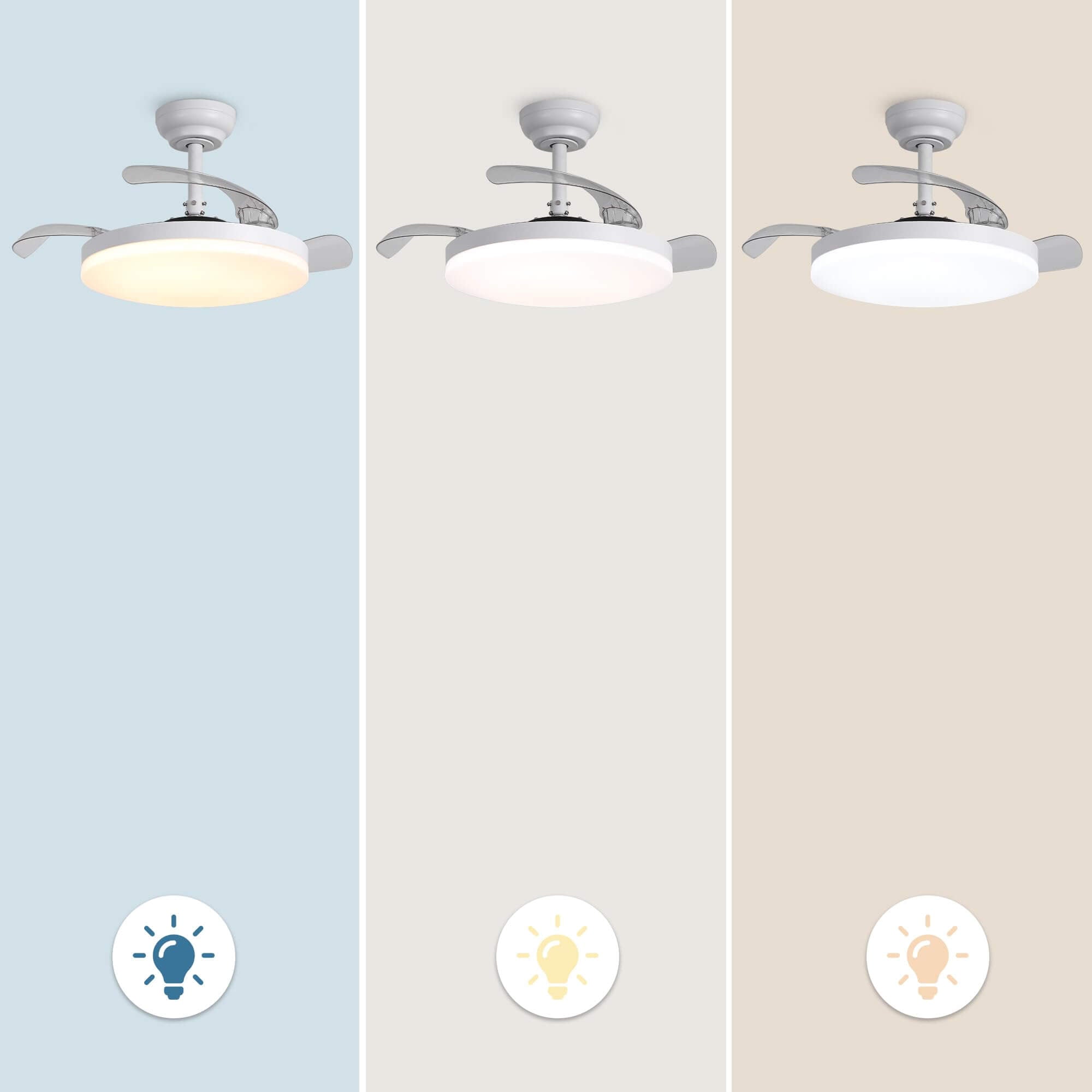 Ventilador de techo Raydon motor DC ultrasilencioso Ø106 cm con aspas retráctiles y luz LED