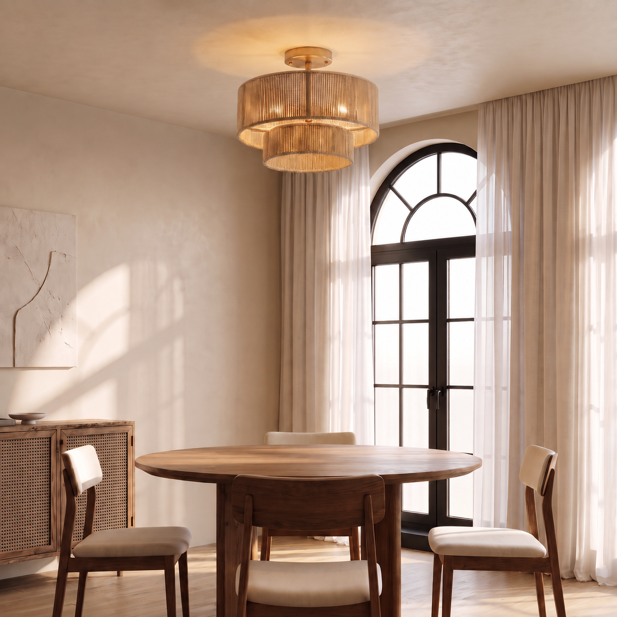 Lámpara de techo de diseño con pantalla de fibras naturales en un comedor moderno.