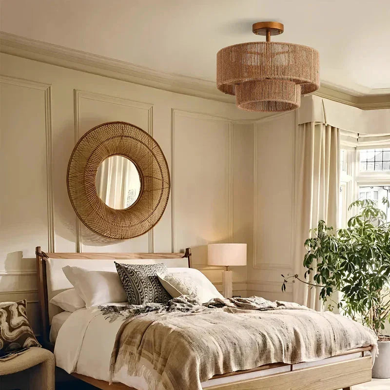 Lámpara de techo al ras con cuerda estilo granja tradicional Wabi-Sabi de 3 luces