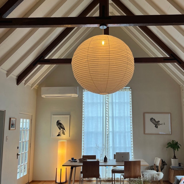 Pantalla de lámpara colgante de lino color blanco roto hecha a mano LUNA Ø de 50 cm, estilo escandinavo Japandi, accesorio de iluminación natural