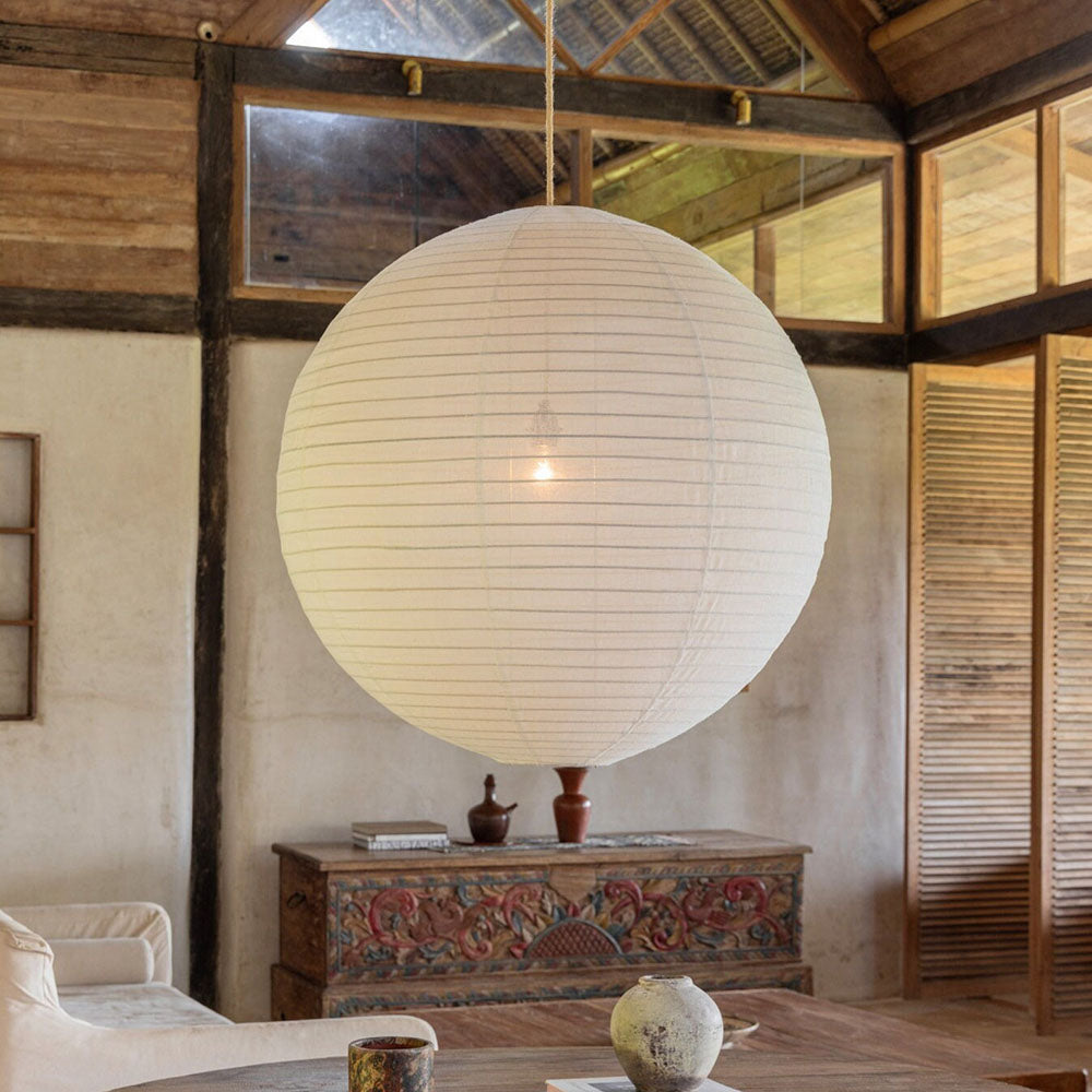Pantalla de lámpara colgante de lino color blanco roto hecha a mano LUNA Ø de 50 cm, estilo escandinavo Japandi, accesorio de iluminación natural