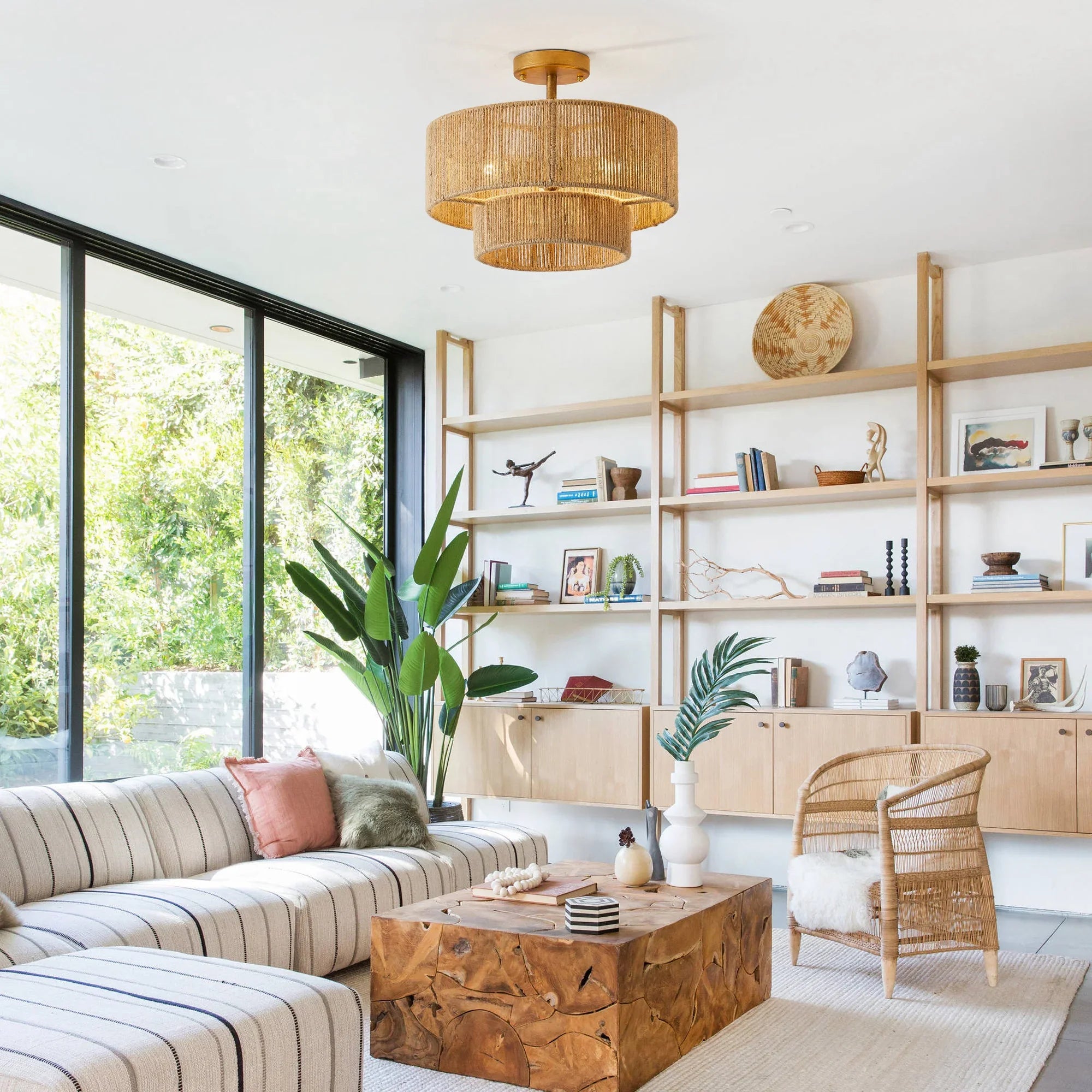 Lámpara de techo al ras con cuerda estilo granja tradicional Wabi-Sabi de 3 luces