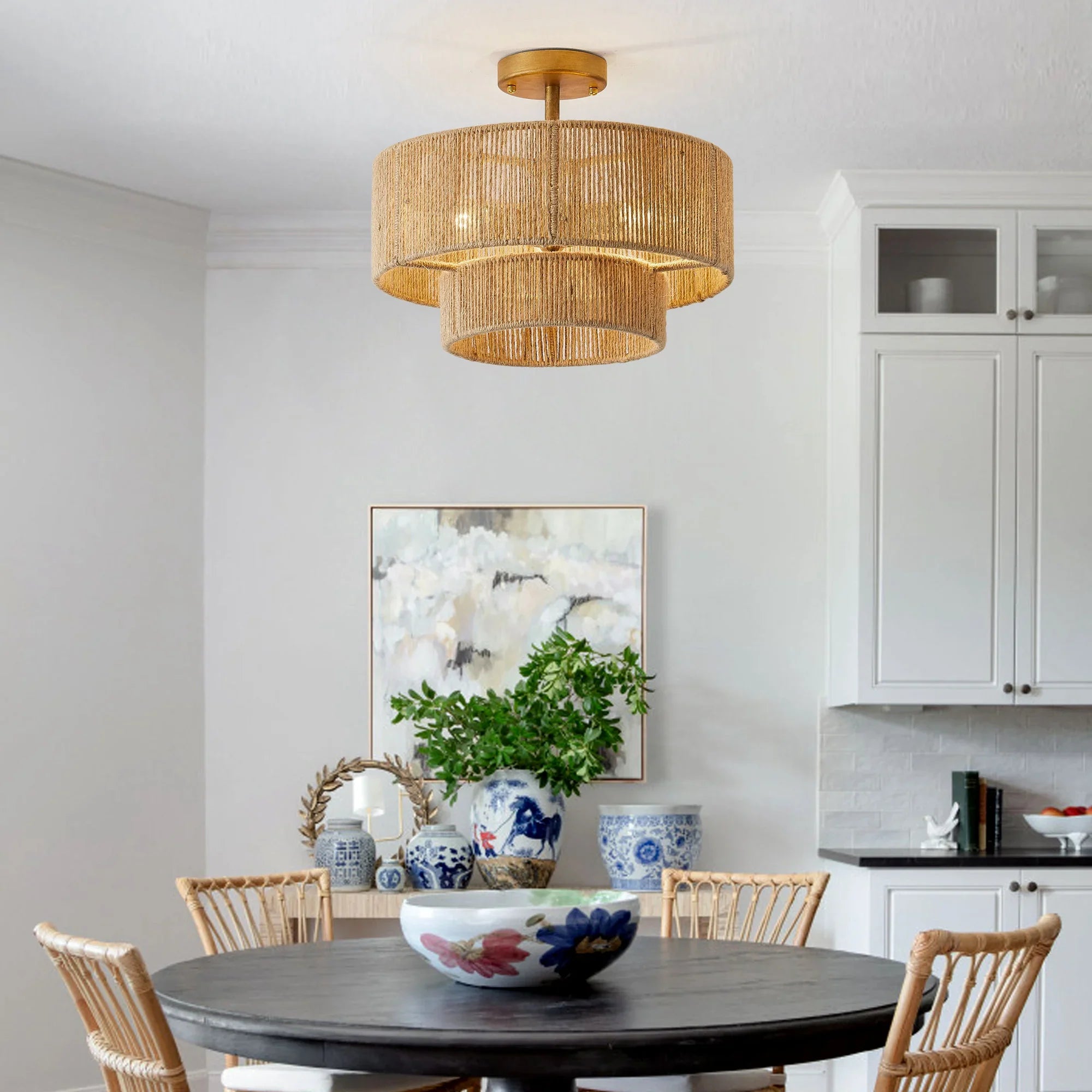 Lámpara de techo al ras con cuerda estilo granja tradicional Wabi-Sabi de 3 luces