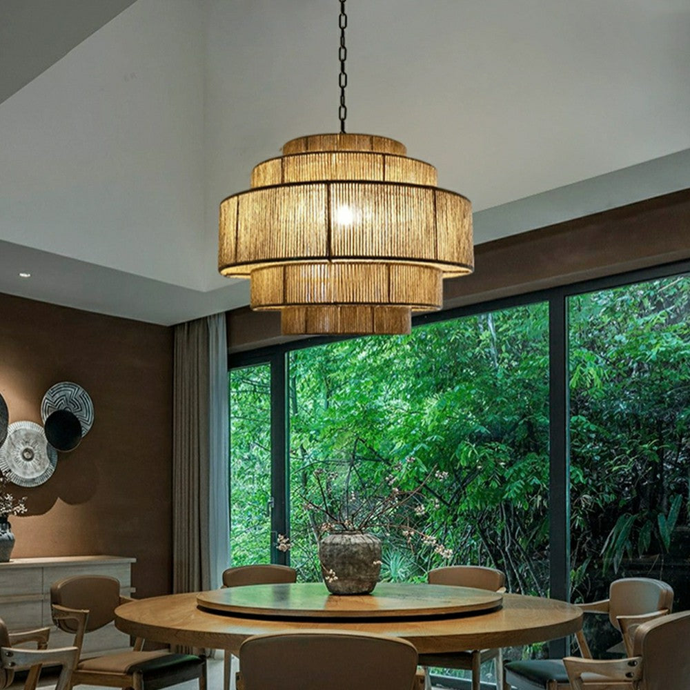 Lámpara colgante de cuerda de cáñamo para sala de estar estilo wabi-sabi